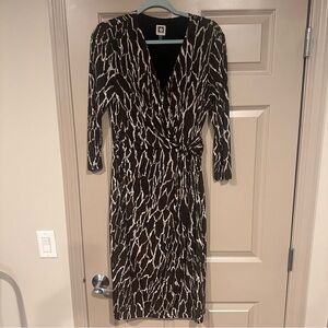 Anne Klein Brown and Cream Long Sleeve Faux Wrap Draped Detail Dress